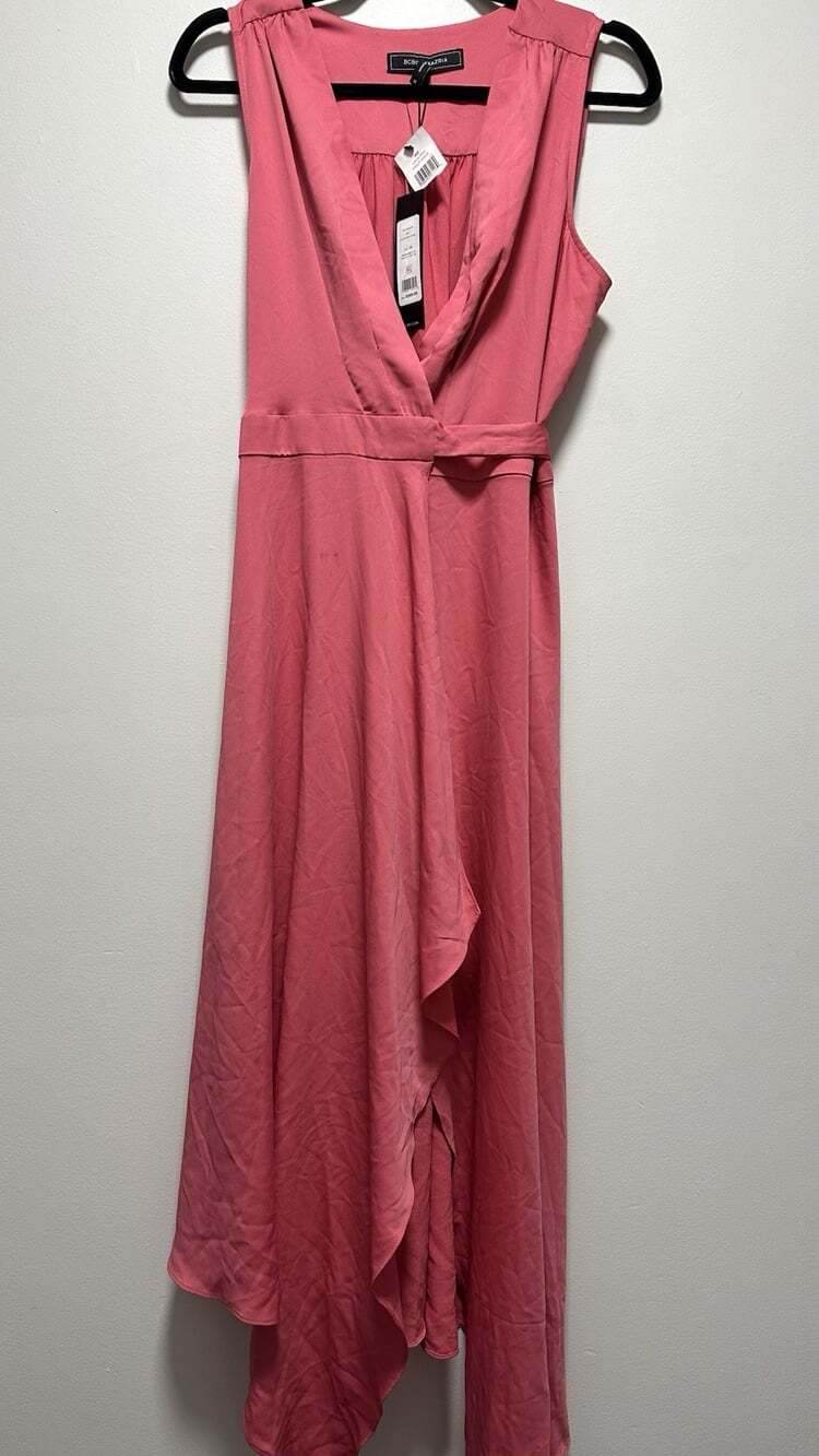 BCBGMaxazria Fit & Flare Asymmetrical Hem Tie Belt Midi Wrap Dress M Pink NWT